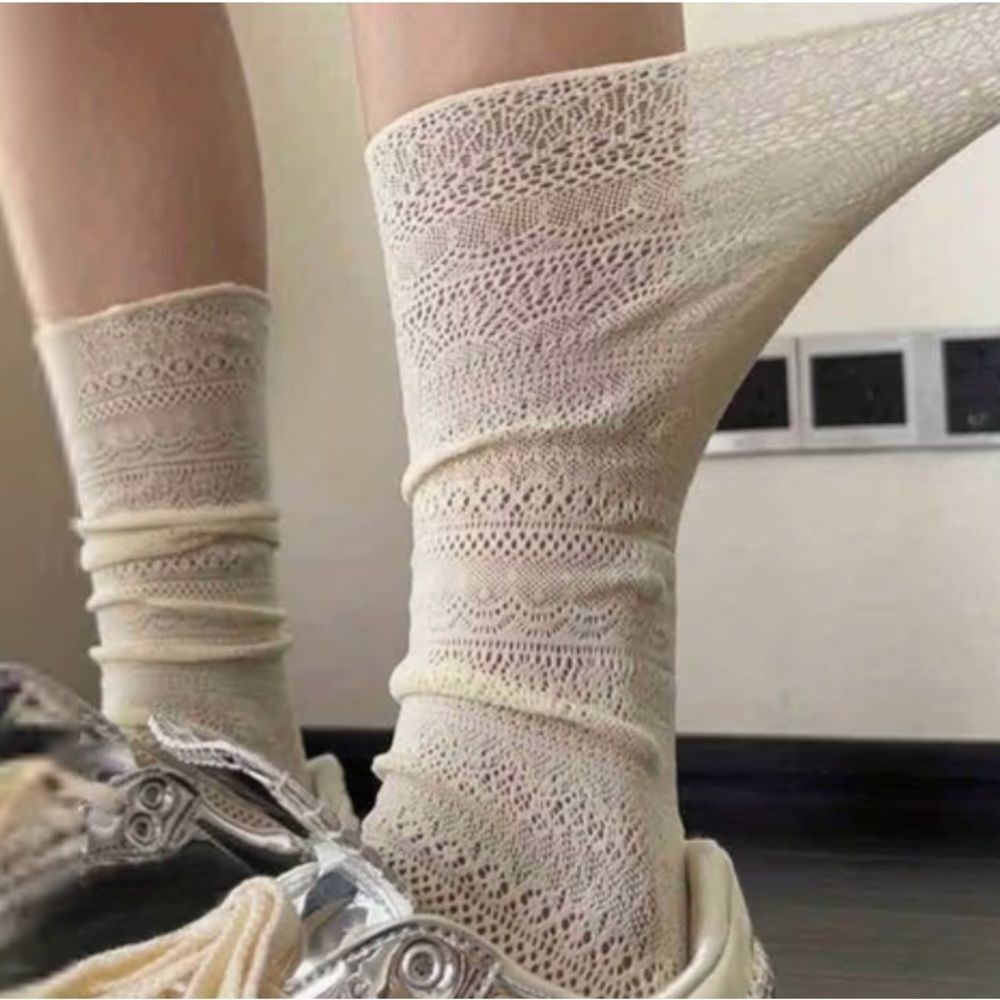 NEW Boho Lace Knit Crew Socks in Ivory